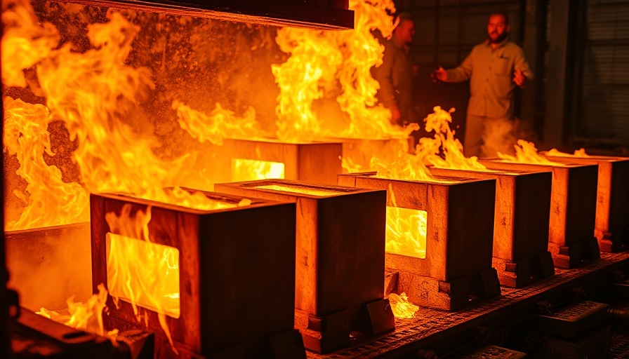 Furnace flames engulfing metal molds, bullion-backed ETFs investment concept.