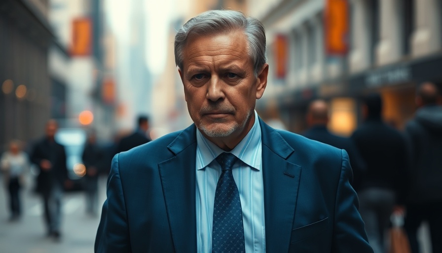 Middle-aged man in a blue suit looks serious in urban setting.