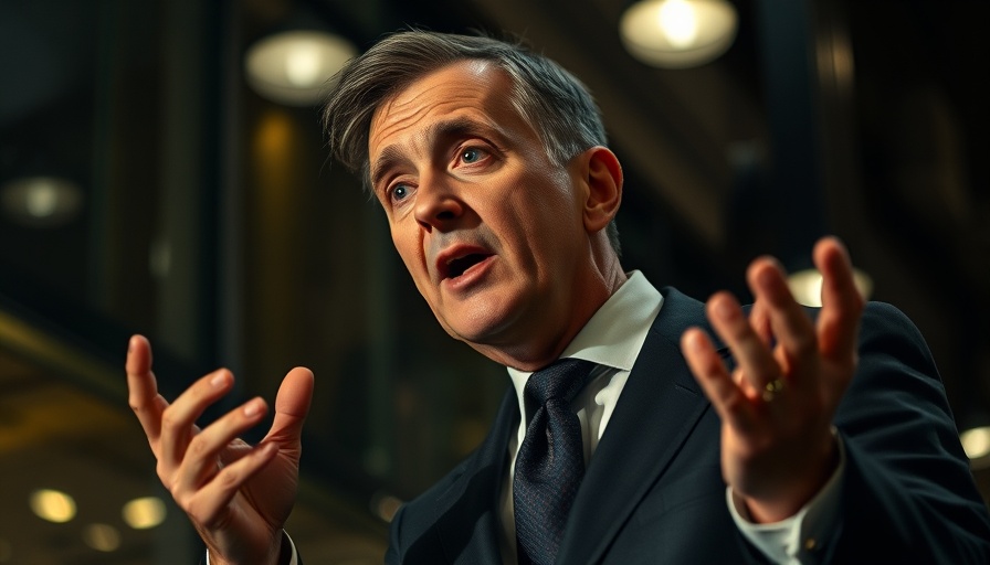 Man in suit speaking passionately, urban background, low light.