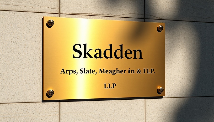 Skadden Arps Slate Meagher & Flom LLP sign on stone wall related to Skadden deal with Trump.