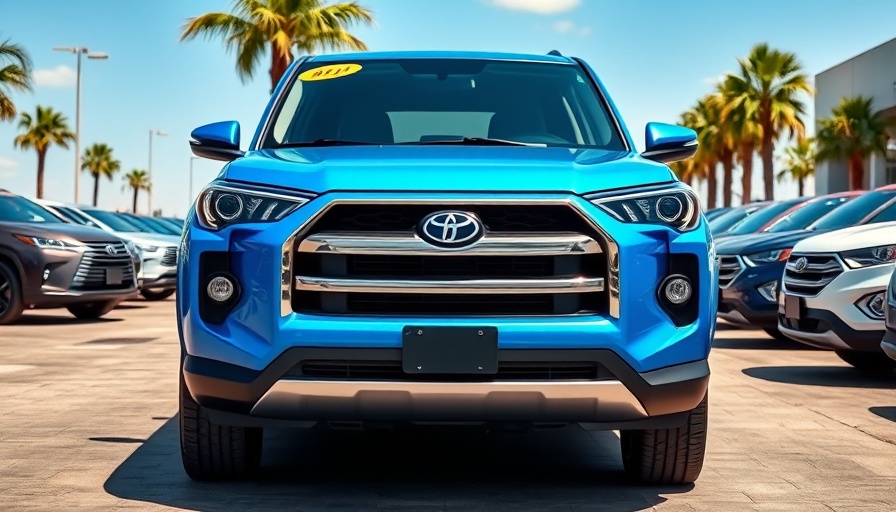 Automotive investment trends: 2023 blue SUV with price tag at dealership.