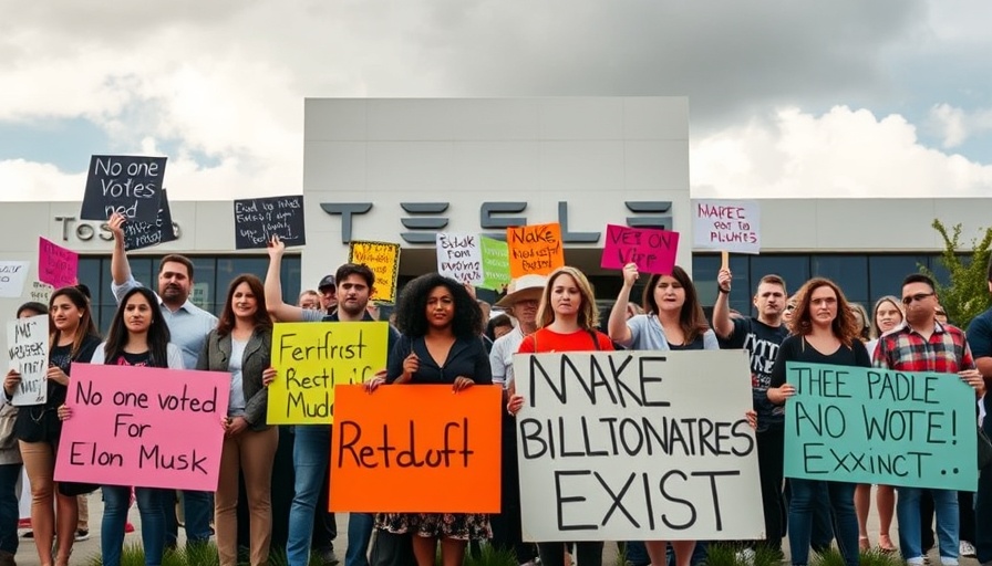 Tesla Takedown protests with people holding signs outside a Tesla building.