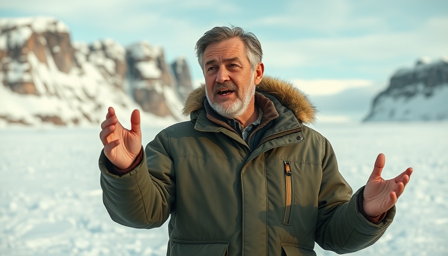 Man in green parka gesturing in snowy Greenland landscape