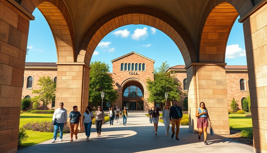 Indiana University entrance with students walking under archway, sunny day.