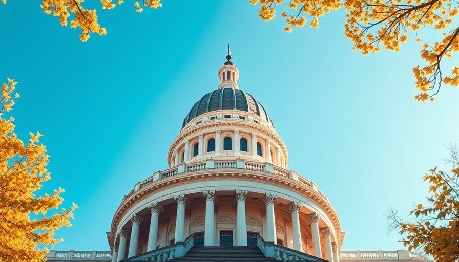 Washington Capitol building amid spring foliage, blue sky