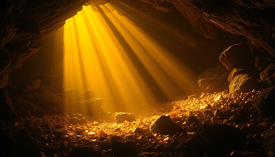 Golden mining cave with scattered nuggets, mystical sunlight.