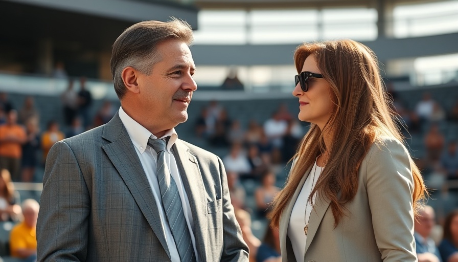 Middle-aged man and woman talking at a sports event about lifted sanctions on Putin's ally's wife