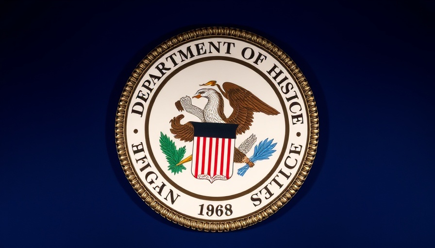 Department of Justice seal, symbolizing legal authority.