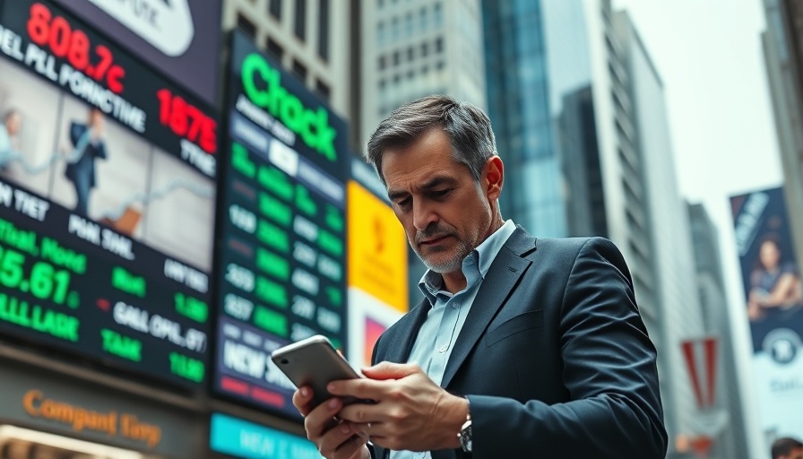 Businessman concerned by stock market in front of digital board.
