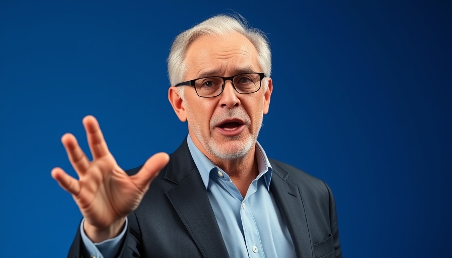 Professional speaker discusses tariffs exceeding 10% on a vibrant blue background.