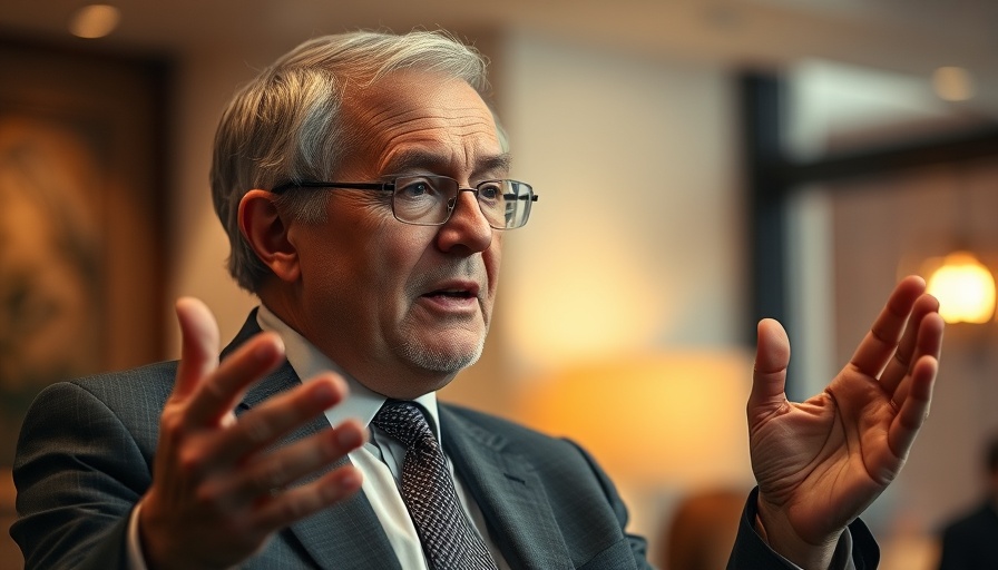 Older man in suit discussing stock market tumble insights, expressive.