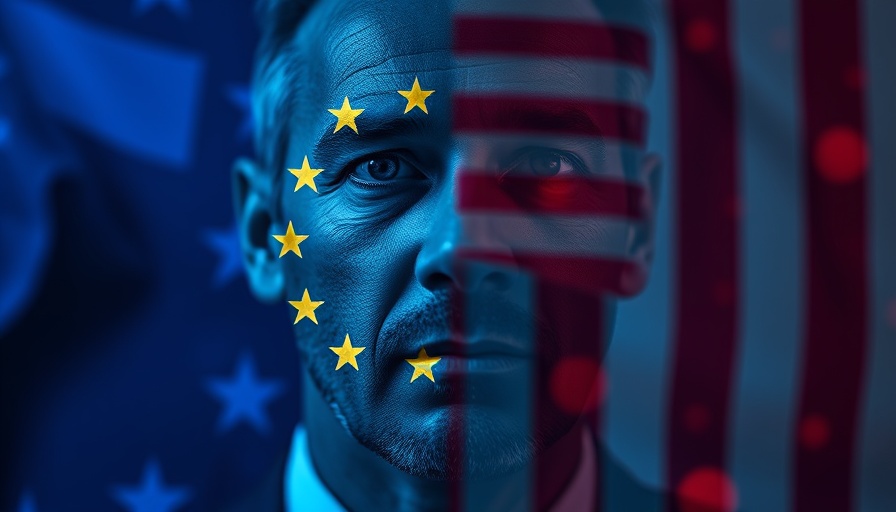 Geopolitical tension imagery with EU and US symbols, Trump tariffs impact.