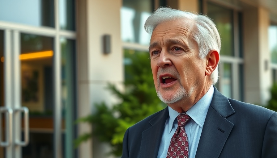Older man in suit speaking outside building regarding trade.