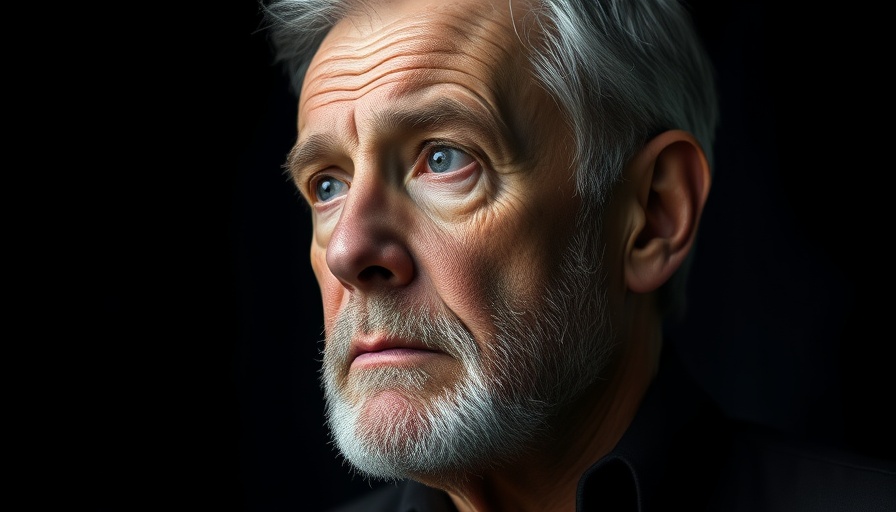 Solemn older man with contemplative expression against dark background.