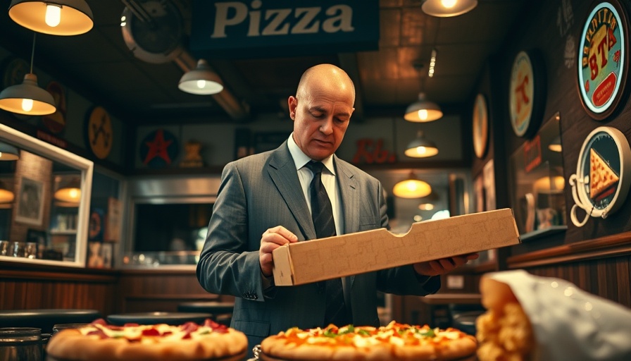 Businessman at Trump Tower pizza parlor holding pizza box.