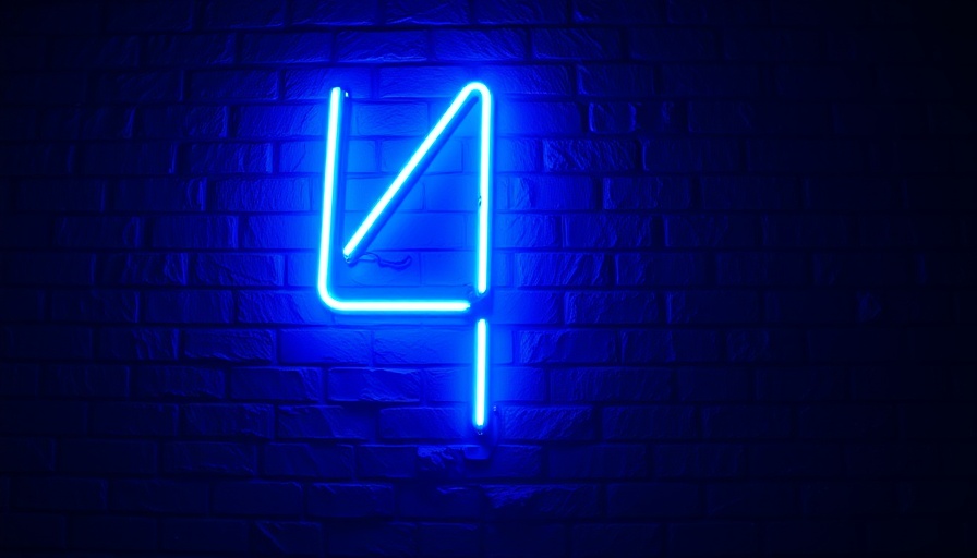 Blue neon number four on dark wall, symbolizing follow-through day.