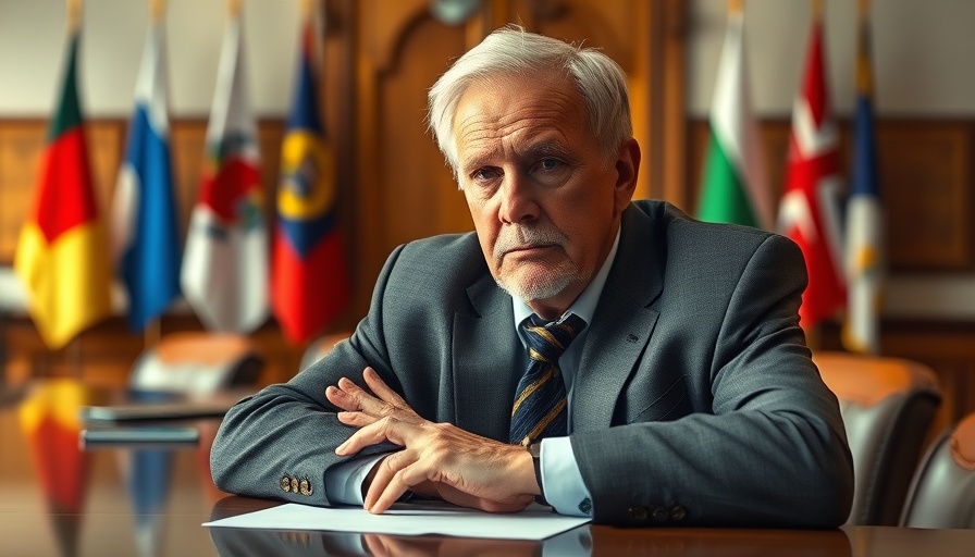 Serious older man at meeting table, block Trump tariffs discussion.