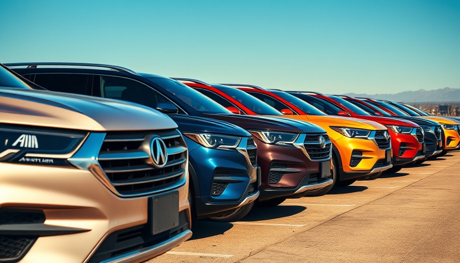 Lineup of colorful SUVs parked in a row under a sunny sky.