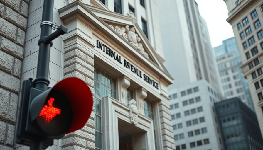 IRS building facade with red light signaling pause.