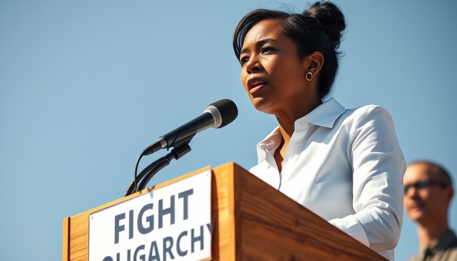 AOC fundraising speech at podium with 'Fight Oligarchy' sign.