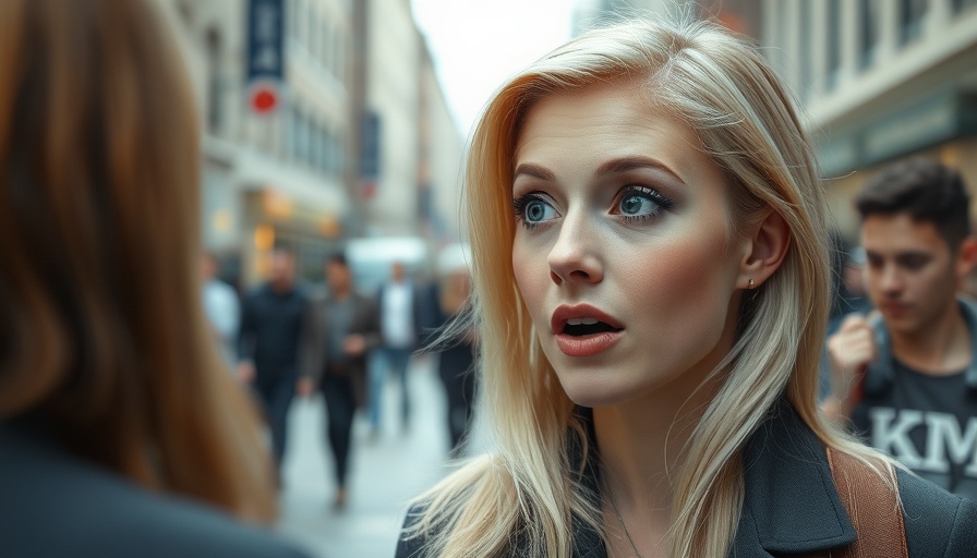 Blonde woman in conversation at an outdoor event, urban background.