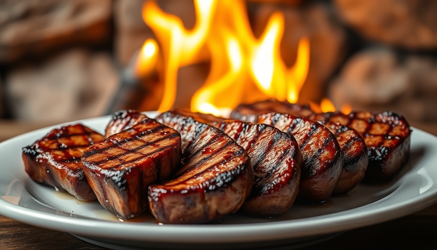 Juicy grilled steaks sizzling near fire.