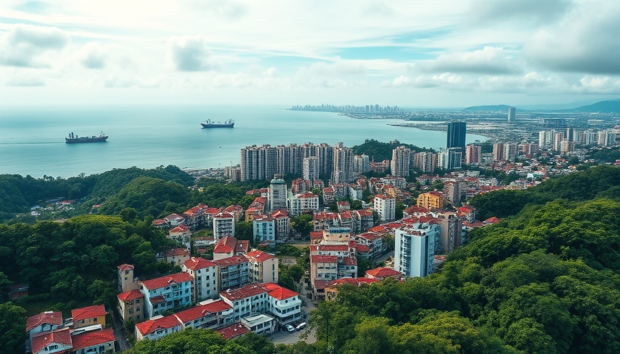 Aerial view of Penang city with ocean, perfect for retiring in Malaysia.