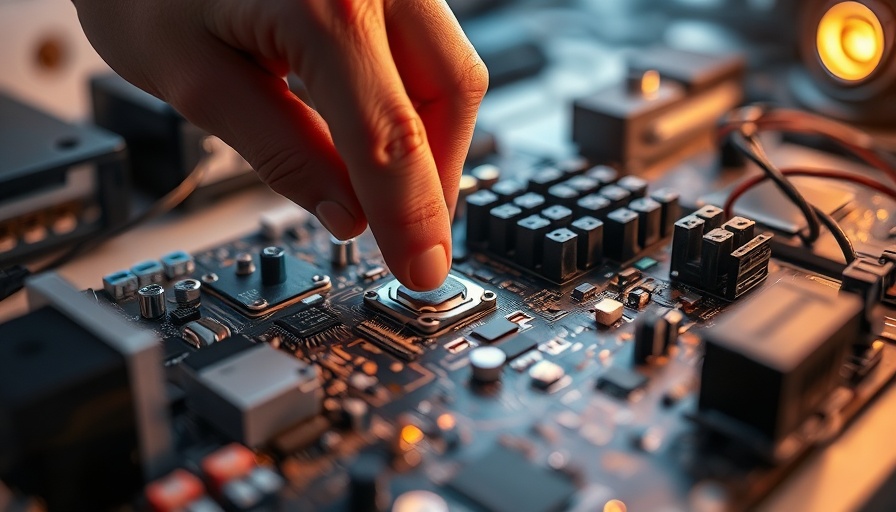Hand working on electronic circuit board, highlighting technology focus.