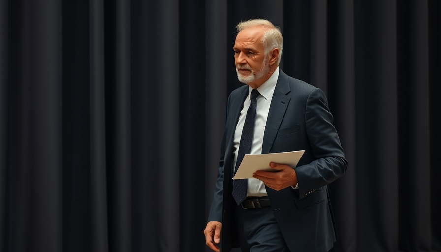Older man walking thoughtfully, holding a document, dark curtain.