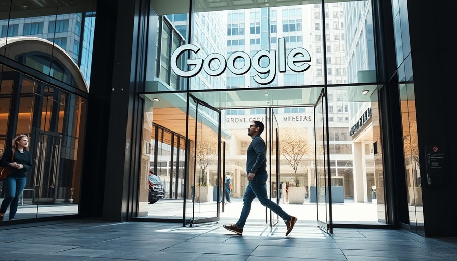 Google office entrance with man walking by, antitrust lawsuit context.