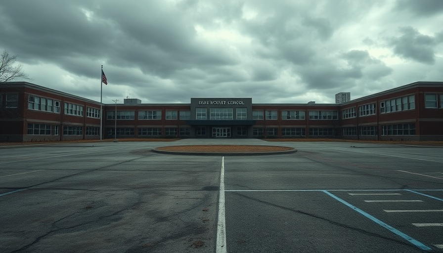 Desolate high school campus reflecting U.S. public schools fiscal crisis.