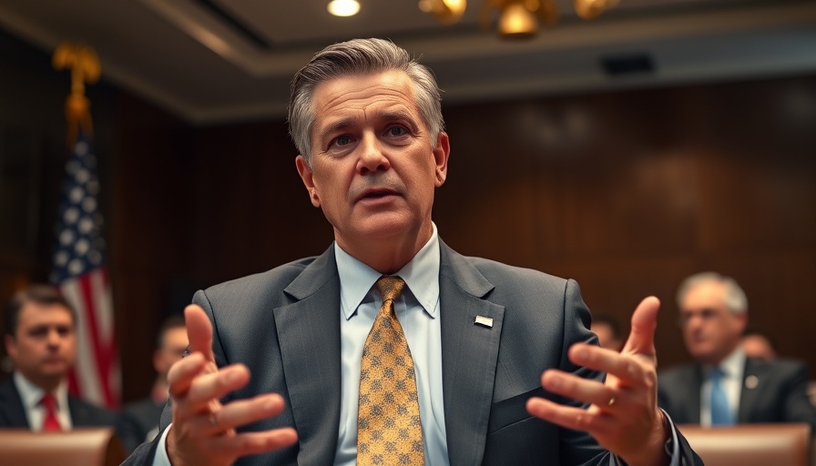 Middle-aged man gesturing in a formal meeting room with U.S. flag.