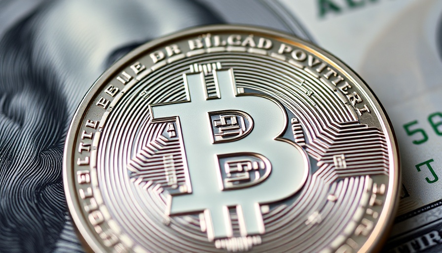 Silver Bitcoin and US Dollar bill highlighting currency contrast.