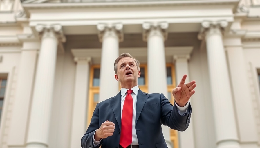 Man in navy suit and red tie gestures passionately, urging peace.