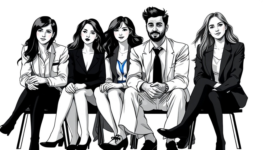 Stylized professionals sitting, abstract art, finance careers theme.