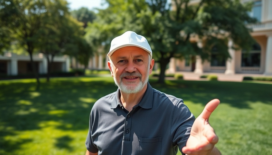 Man outdoors discussing taxes on a green lawn.