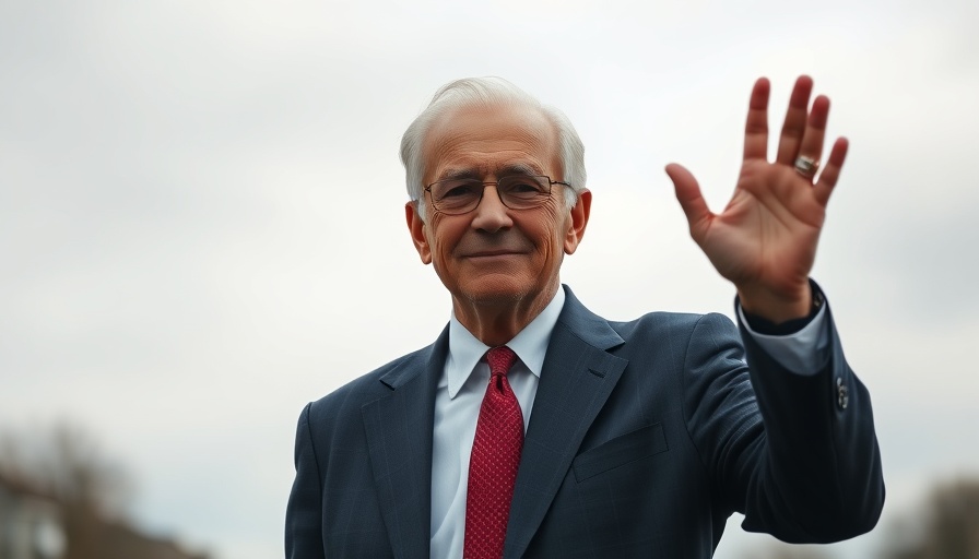 Elderly man in dark suit and red tie, waving outdoors.