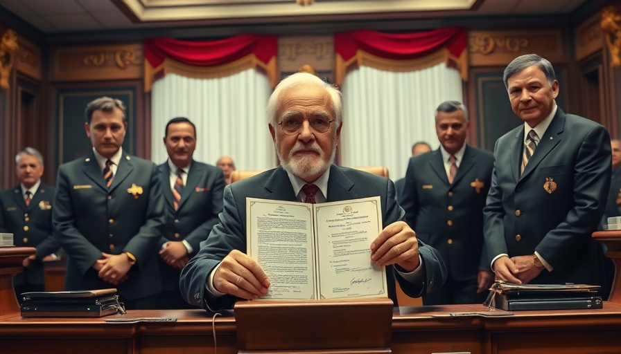 Elderly man displays signed document at formal event, focus on lowering my taxes.