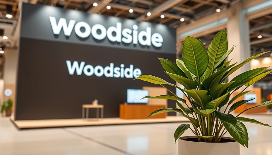 Woodside branding at exhibition with plant foreground, artificial lighting