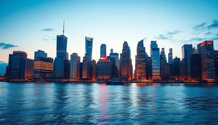 Taxes Affect Economic Growth: Modern city skyline reflecting on water.