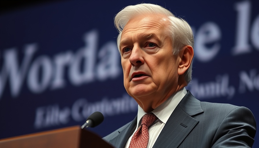 Serious elderly man speaking at a conference podium.