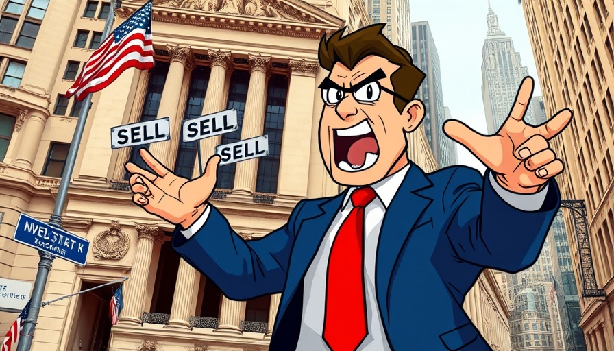 Cartoon businessman shouting 'sell' on Wall Street about 3M Company investment opportunities.