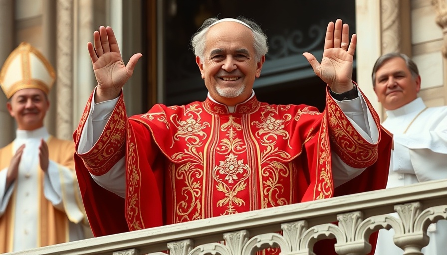 First American pope in ornate robes waving from a balcony.