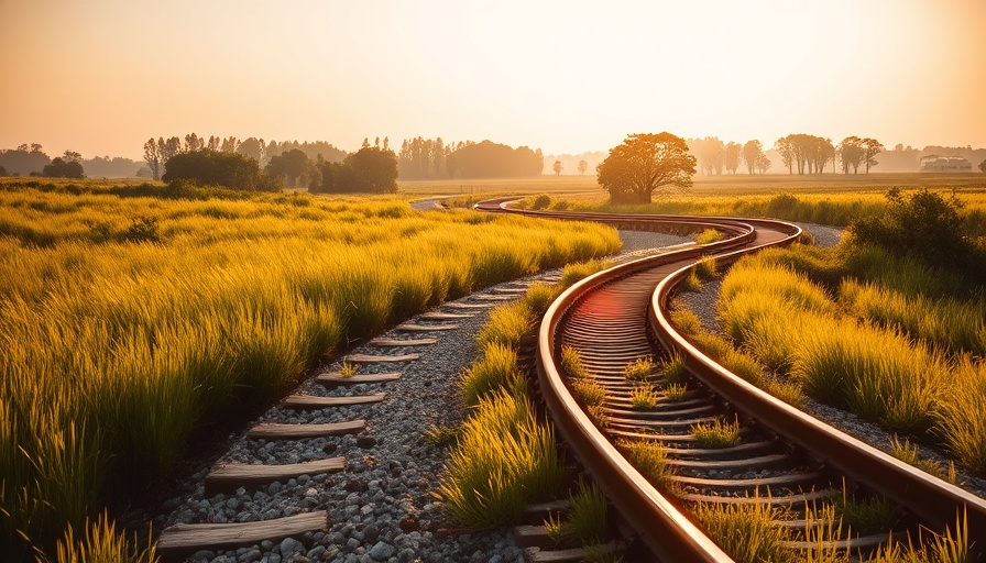 Curved railway tracks through lush landscape at golden hour