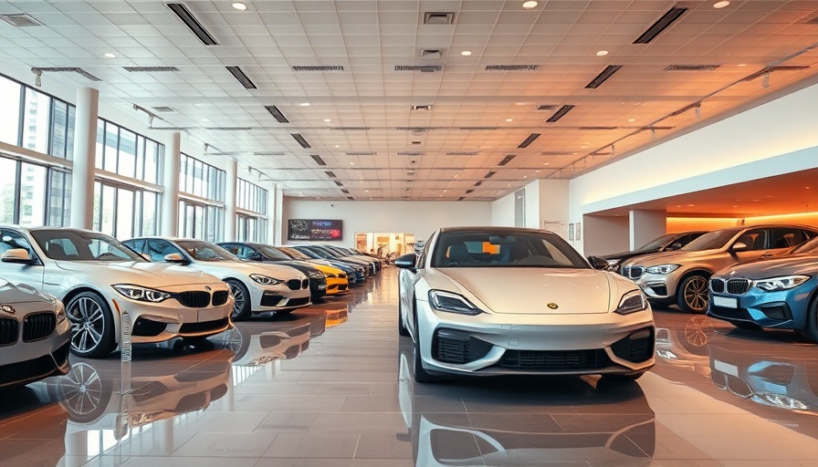 Modern car dealership showroom showcasing sleek vehicles under bright lighting.