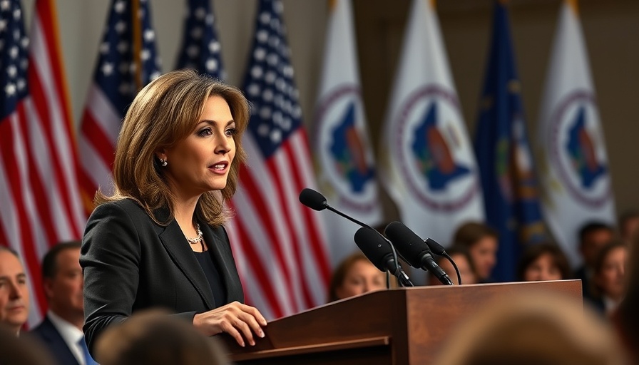 Woman speaks at Homeland Security podium, U.S. flags behind