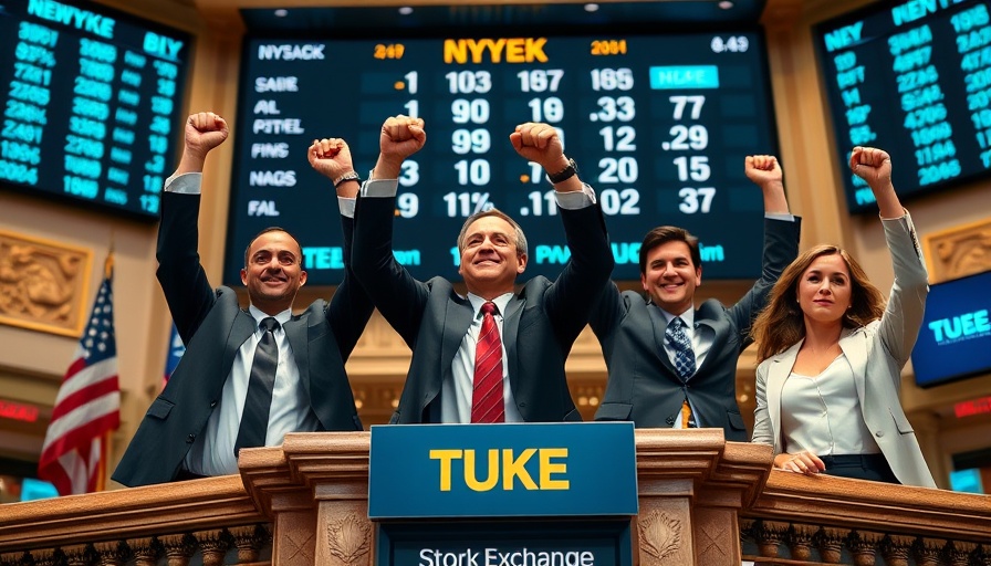 Business professionals celebrating at New York Stock Exchange, highlighting stablecoins on Wall Street.