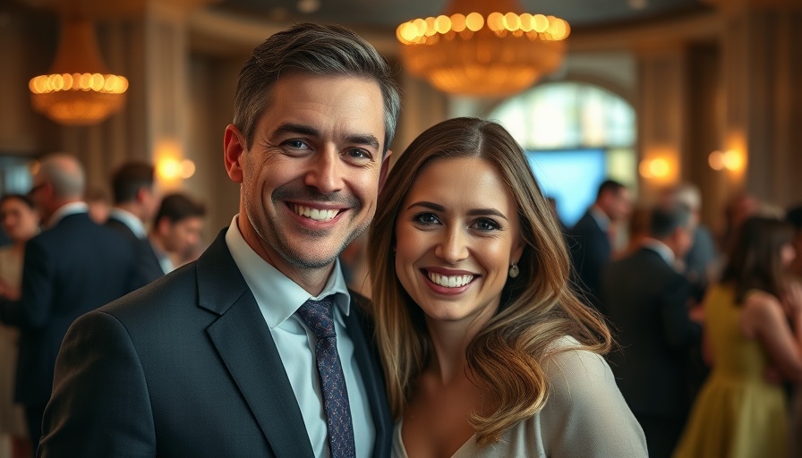 Smiling couple at a formal event with people in the background