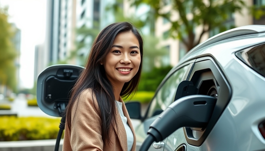 Young woman charging her electric car in the city.