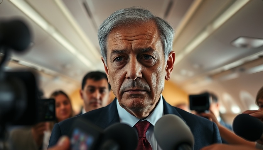 Leader surrounded by media in airplane discussing military strike